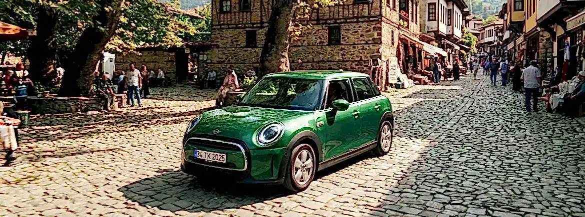 Bursa Cumalıkızık'ın tarihi taş sokaklarında hafta sonu gezisi yapan yeşil Mini Cooper ve şehir dışı seyahatler için günlük araç kiralama.